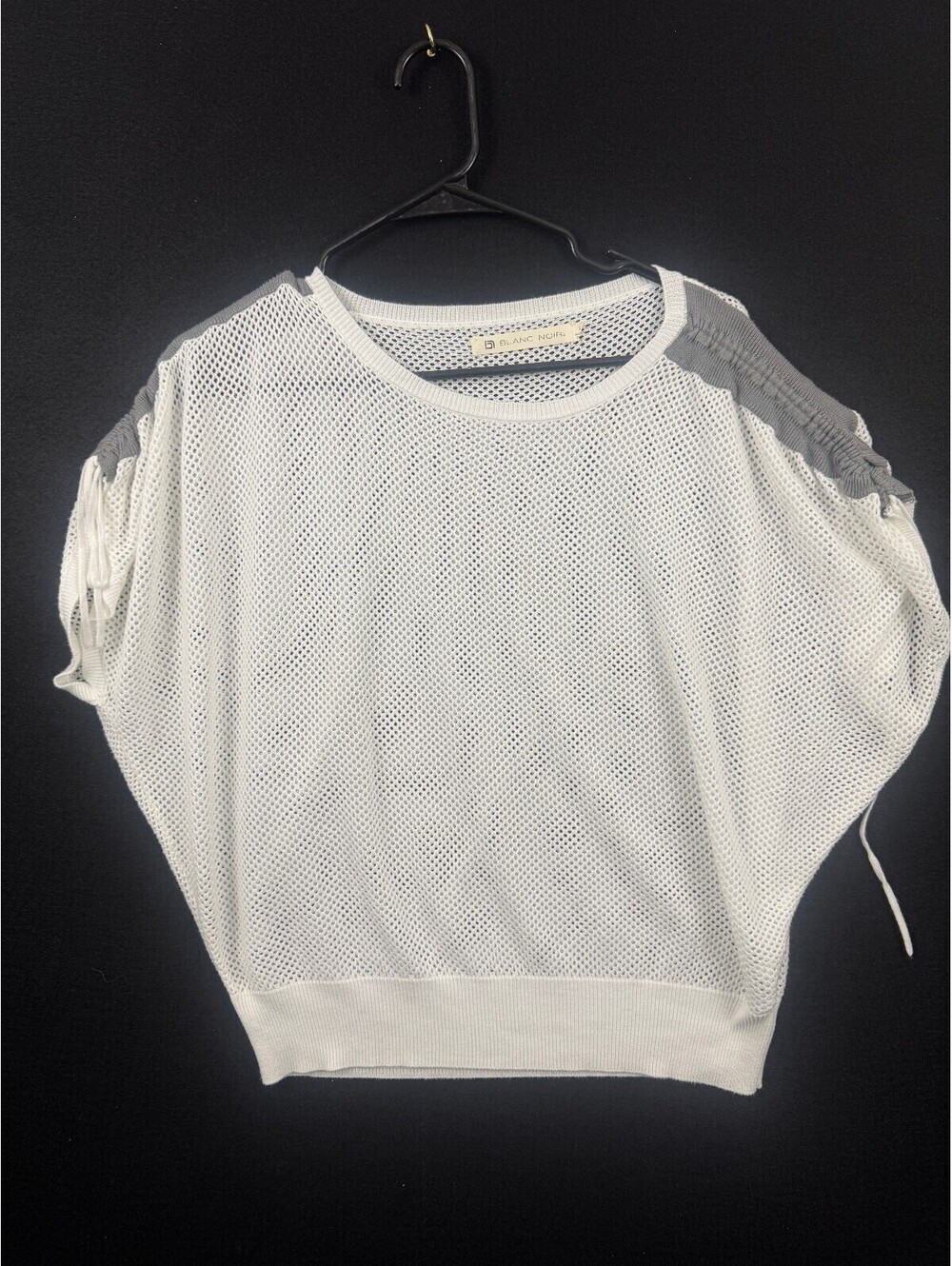 Blanc Noir Women's White Mesh Pullover Top with Gray Shoulder Detail, Size L